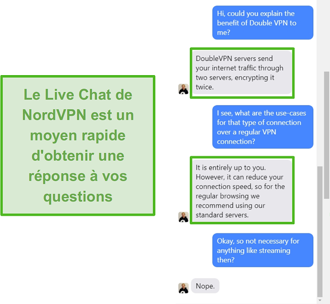 Capture d'écran de l'assistance de chat en direct de NordVPN.