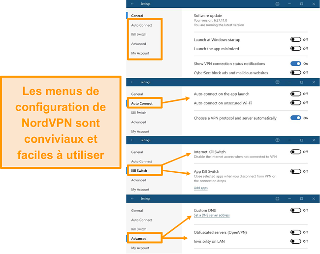 Capture d'écran des menus du bureau de NordVPN.