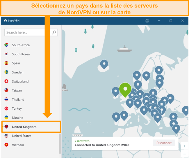 Capture d'écran de NordVPN connecté à un serveur britannique.