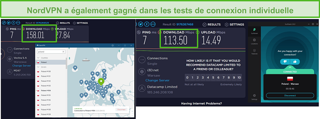 Capture d'écran de NordVPN et Surfshark exécutant un test de vitesse de connexion unique.