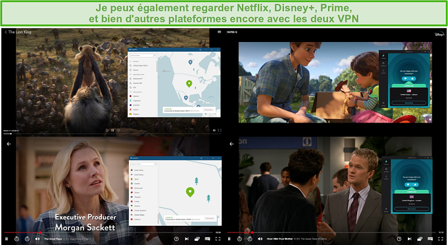 Capture d'écran de NordVPN et Surfshark débloquant diverses émissions de télévision et films sur Netflix et Disney +.