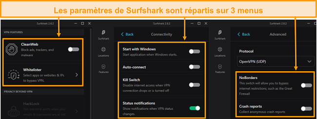 Capture d'écran des menus du bureau de Surfshark.