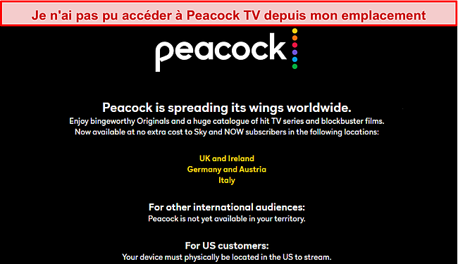 Message d'erreur de Peacock en dehors des États-Unis