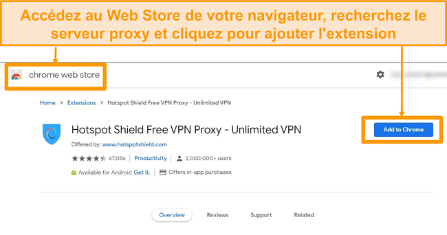 Capture d'écran du téléchargement de l'extension de navigateur proxy gratuit Hotspot Shield