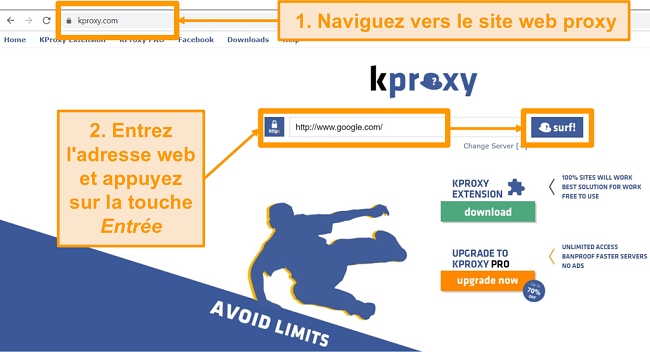 Capture d'écran de la page de destination de KProxy