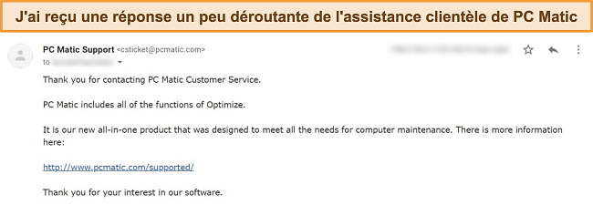 Capture d'écran de la réponse de l'assistance par e-mail de PC Matic.
