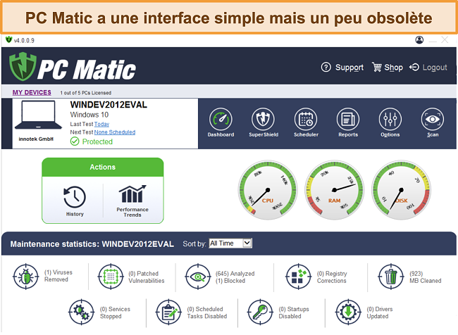 Capture d'écran de l'interface de bureau de PC Matic.