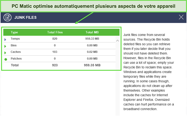 Capture d'écran des informations d'optimisation post-scan de PC Matic.