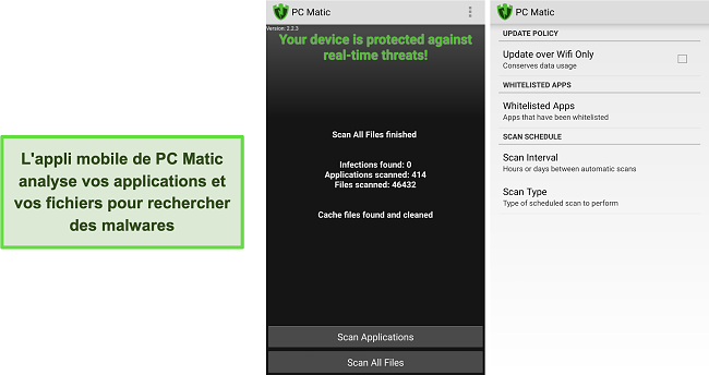 Capture d'écran de l'interface Android de PC Matic.