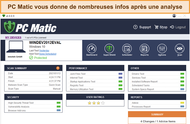 Capture d'écran de la vue d'ensemble post-scan de PC Matic.