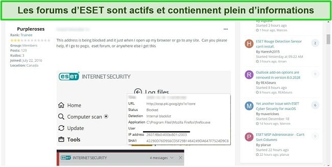 Capture d'écran du forum communautaire d'ESET