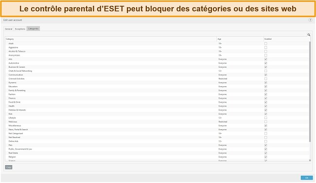 Capture d'écran du contrôle parental d'ESET