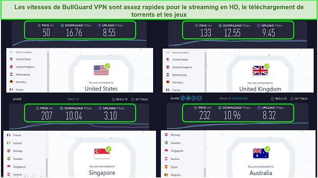 Une capture d'écran des emplacements de serveurs aux États-Unis, au Royaume-Uni, à Singapour et en Australie et leurs vitesses.