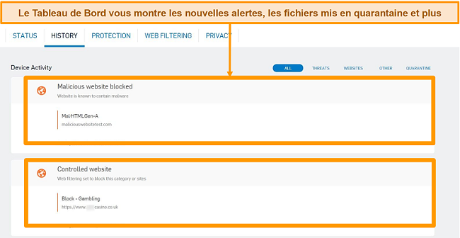 Capture d'écran de l'antivirus Sophos et de son journal d'alertes sur le tableau de bord de l'application