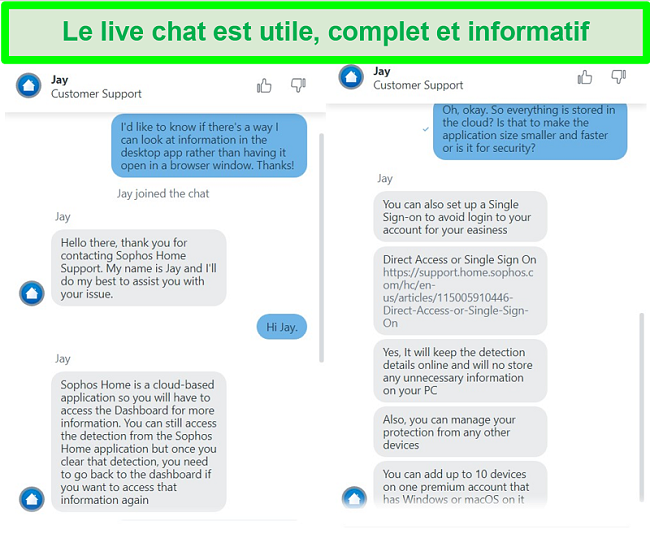 Capture d'écran du chat en direct Sophos répondant aux questions.