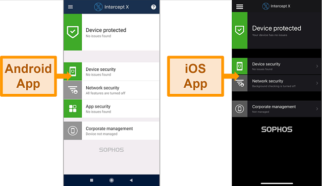 Captures d'écran montrant la différence entre les interfaces Android et iOS de Sophos.
