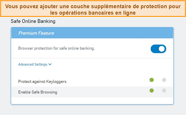Capture d'écran de la fonction Safe Online Banking de Sophos activée.