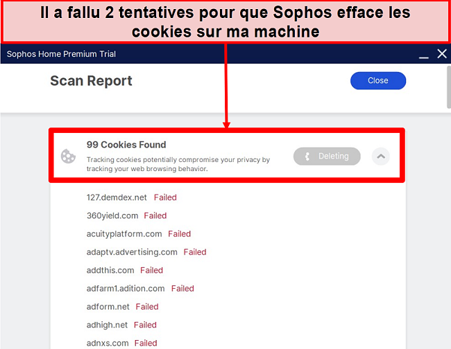 Capture d'écran de Sophos après l'exécution d'une analyse et l'échec de la suppression de plusieurs cookies.