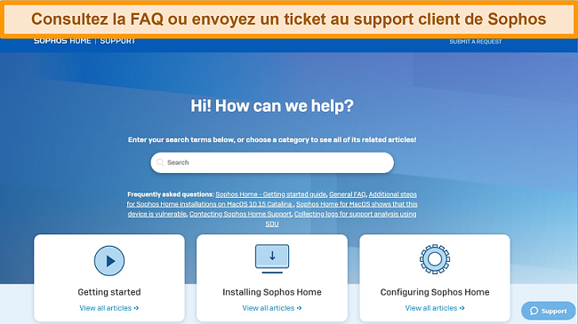 Capture d'écran du site de support Sophos.