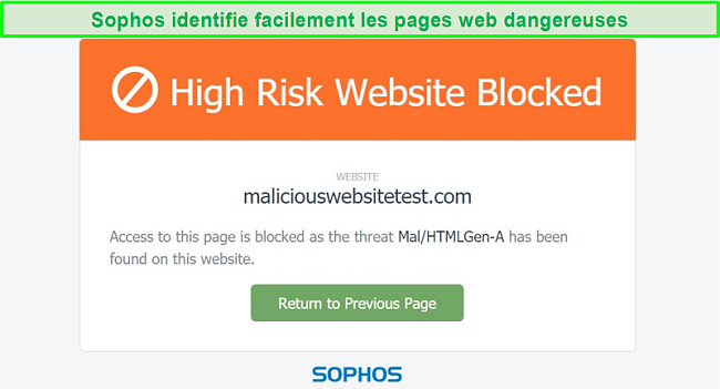 Capture d'écran de Sophos bloquant un site hébergeant des logiciels malveillants.