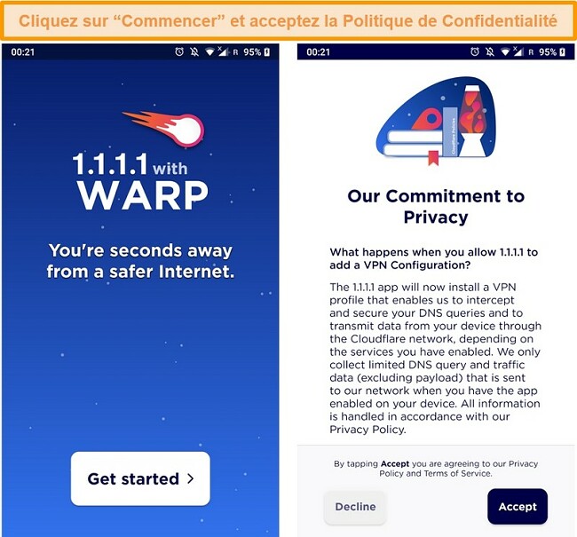 Capture d'écran montrant la configuration de WARP lors du lancement de l'application