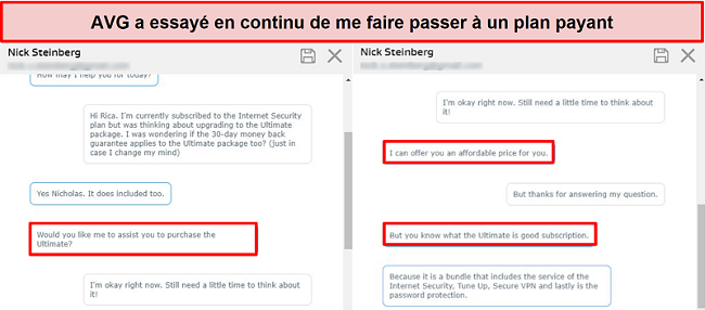 Capture d'écran montrant l'outil de chat en direct d'AVG