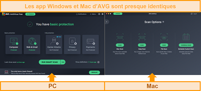 Capture d'écran comparant les tableaux de bord des applications antivirus AVG pour PC et Mac