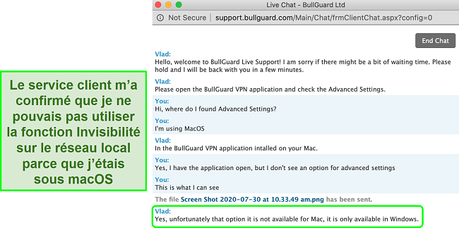 Capture d'écran du service client de BullGuard VPN confirmant que l'invisibilité sur LAN n'est disponible que sur Windows