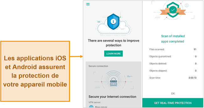 Capture d'écran de Kaspersky Security Cloud sur iOS par rapport à la version Android