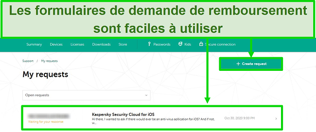 Capture d'écran des demandes d'assistance de Kaspersky sur le site Web de Kaspersky.