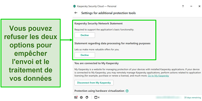 Capture d'écran des options de bureau de Kaspersky pour désactiver la collecte de données personnelles.