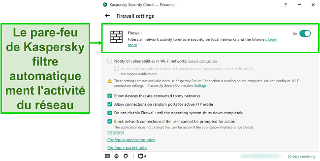 Screenshot of Kaspersky desktop firewall settings that allow you to customize its rules and filters.