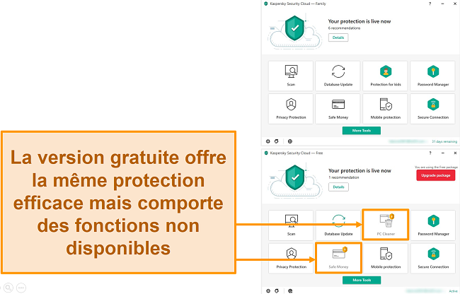 Capture d'écran du bureau Kaspersky Security Cloud Free montrant les fonctionnalités verrouillées par rapport à une version premium.