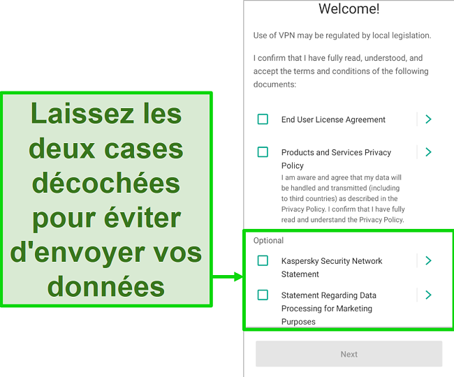 Capture d'écran de l'application mobile Kaspersky Antivirus montrant l'écran de désactivation de la collecte de données dans le menu de bienvenue.