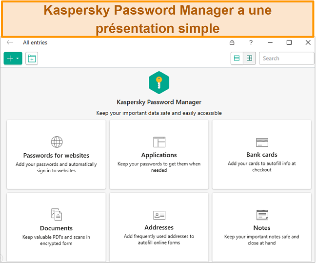 Capture d'écran de l'application Kaspersky Password Manager, avec la possibilité d'ajouter des mots de passe, des cartes bancaires, des adresses et des documents.