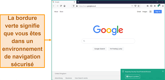 Capture d'écran du navigateur protégé de Kaspersky Security Cloud avec une notification sécurisée.