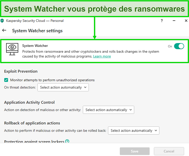 Capture d'écran de l'écran des paramètres de Kaspersky System Watcher qui vous permet de personnaliser la protection contre les ransomwares.