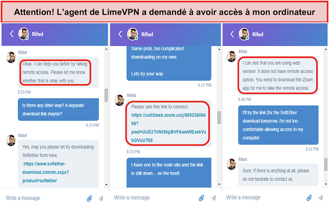 Capture d'écran de limevpn review support requesting remote access