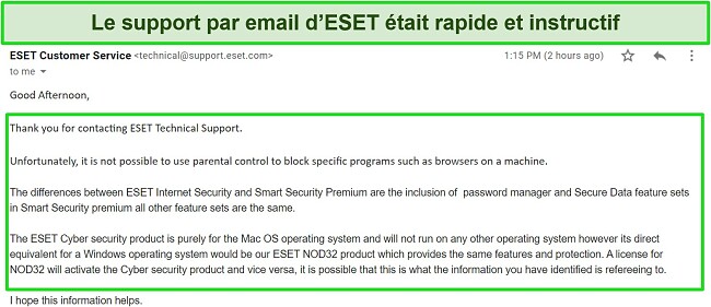 Capture d'écran de la réponse de l'assistance par e-mail d'ESET