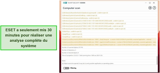 Capture d'écran de l'analyse complète du système d'ESET