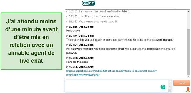 Capture d'écran du chat en direct d'ESET