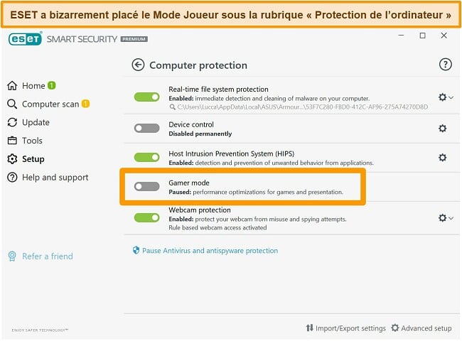 Capture d'écran de l'interface de bureau d'ESET