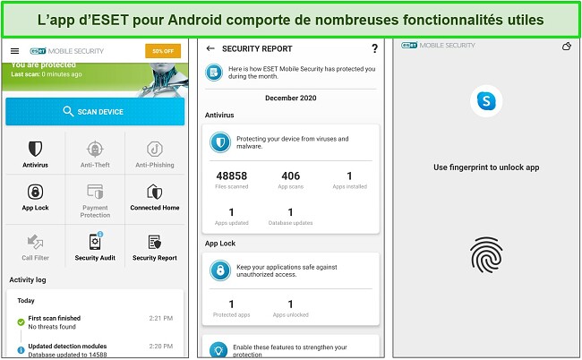 Capture d'écran des menus de l'application ESET Mobile Security