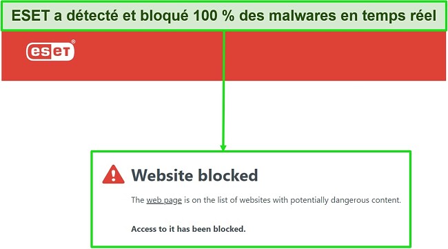 Capture d'écran de l'antivirus ESET bloquant les sites Web potentiellement dangereux