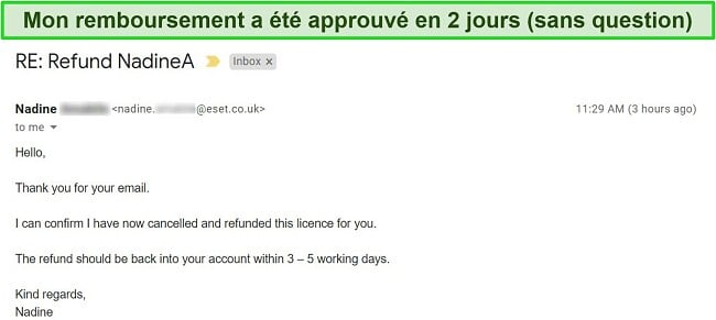 Capture d'écran d'un e-mail d'approbation de remboursement du support ESET