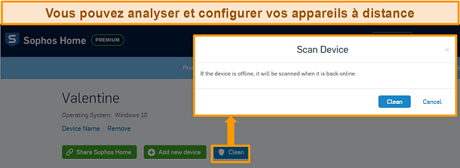 Capture d'écran du tableau de bord de l'antivirus Sophos avec l'analyse à distance en surbrillance