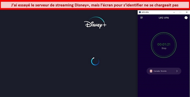 Capture d'écran de Disney + essayant de se charger alors que UFO VPN est connecté à un serveur canadien