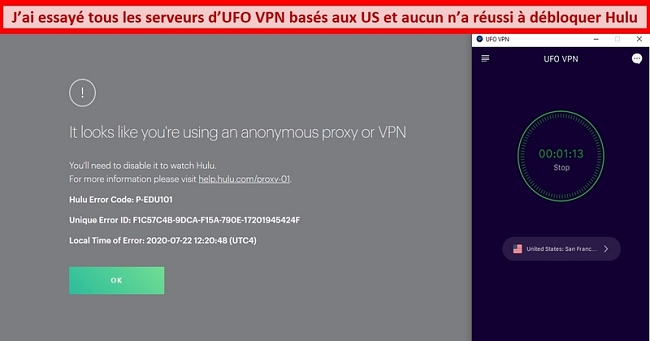 Hulu affichant l'erreur de proxy lors de la connexion au serveur San Francisco d'UFO VPN
