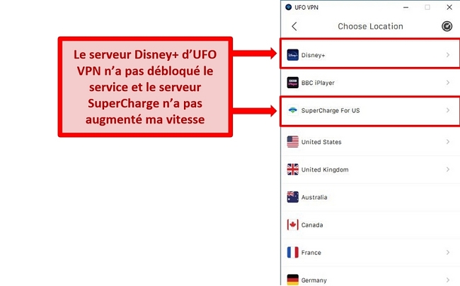 Capture d'écran de la liste des serveurs d'UFO VPN