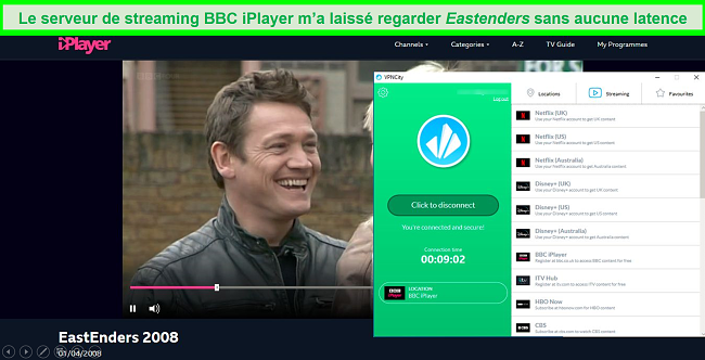 Capture d'écran de BBC iPlayer diffusant EastEnders tout en étant connecté au serveur de streaming BBC iPlayer de VPN City